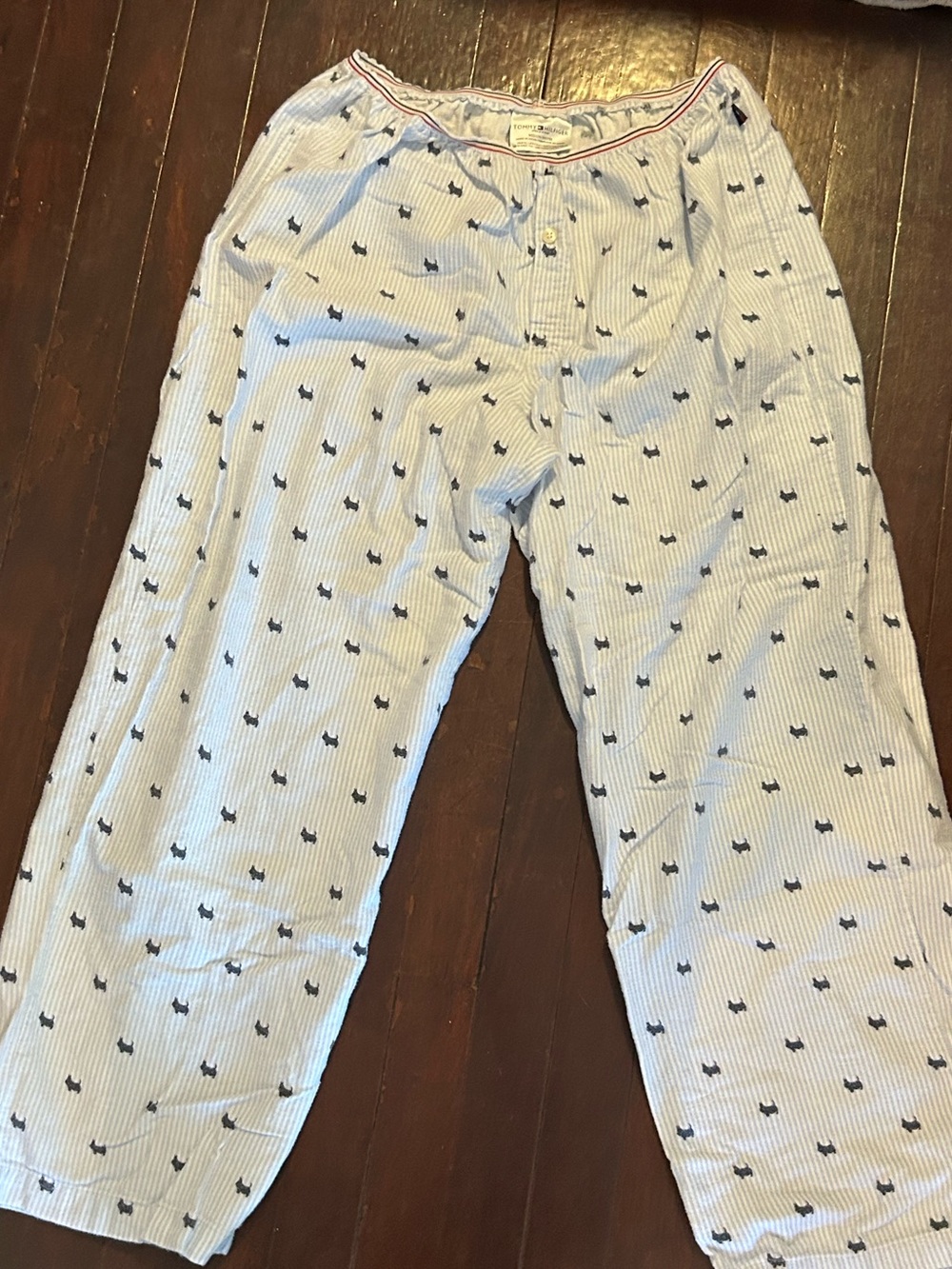 Tommy Hilfiger women M Pajama Pants Blue/White Striped Dog Cotton Elastic Button